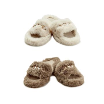 Two's Company post Plush Faux Fur Slipper Slide With Pearl & Metal Keeper
