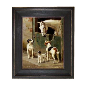 Madison Bay Co. Dog & Horse At Stable Framed Oil Painting Print On Canvas - 8X10